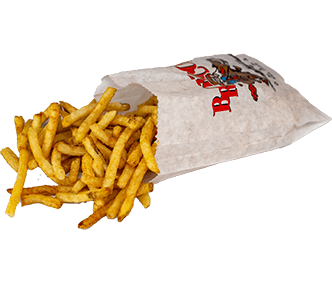 Hand-cut fries spilling from a Bronco's fry bag