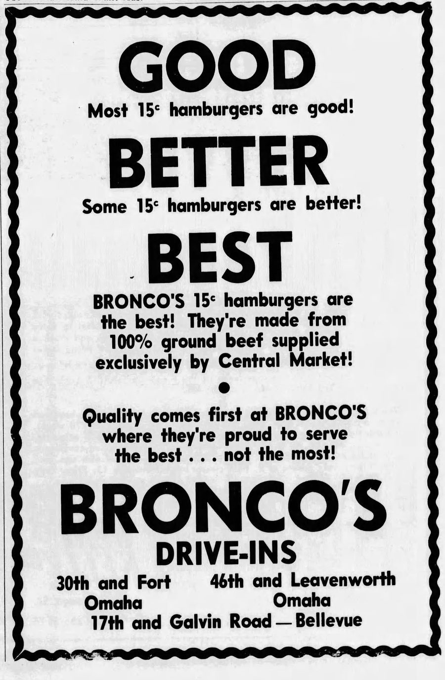 A 1965 Omaha World-Herald newspaper ad for Bronco's